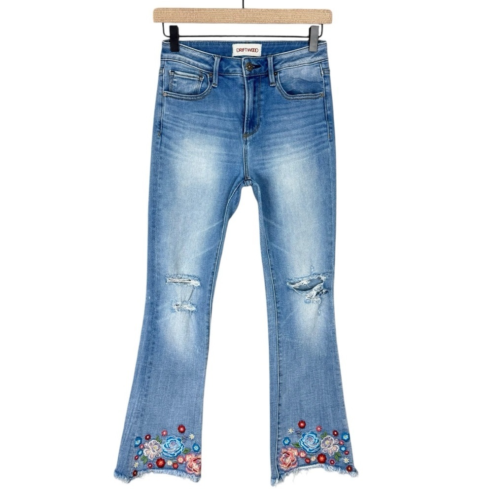 Driftwood Roxy Jeans Womens 25 Embroidered Mid Rise Kick Flare Raw Hem Stretch - Picture 1 of 7